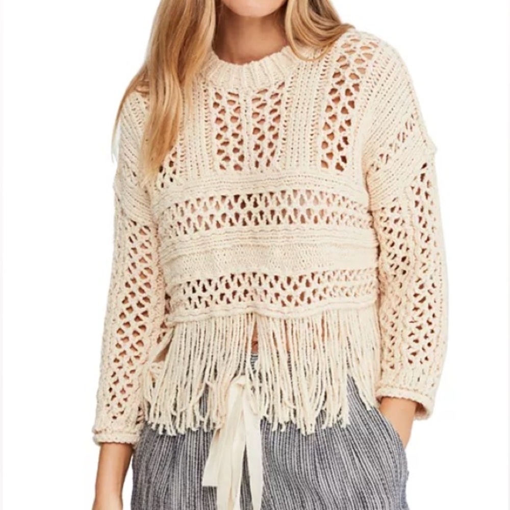 Free People Higher Love Fringed Crochet Sweater size S